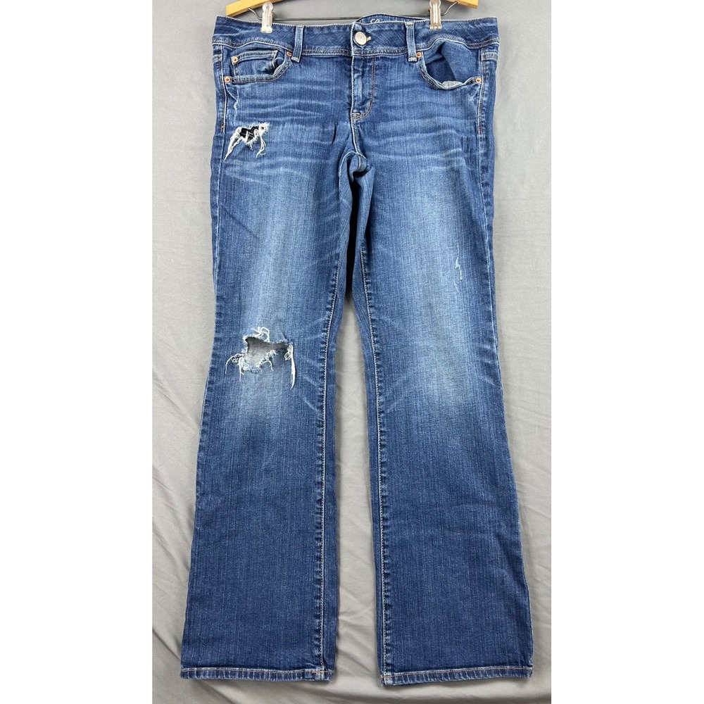 American Eagle Slim Boot Jeans Womens 14 Blue Distressed Stretch Denim Low Rise